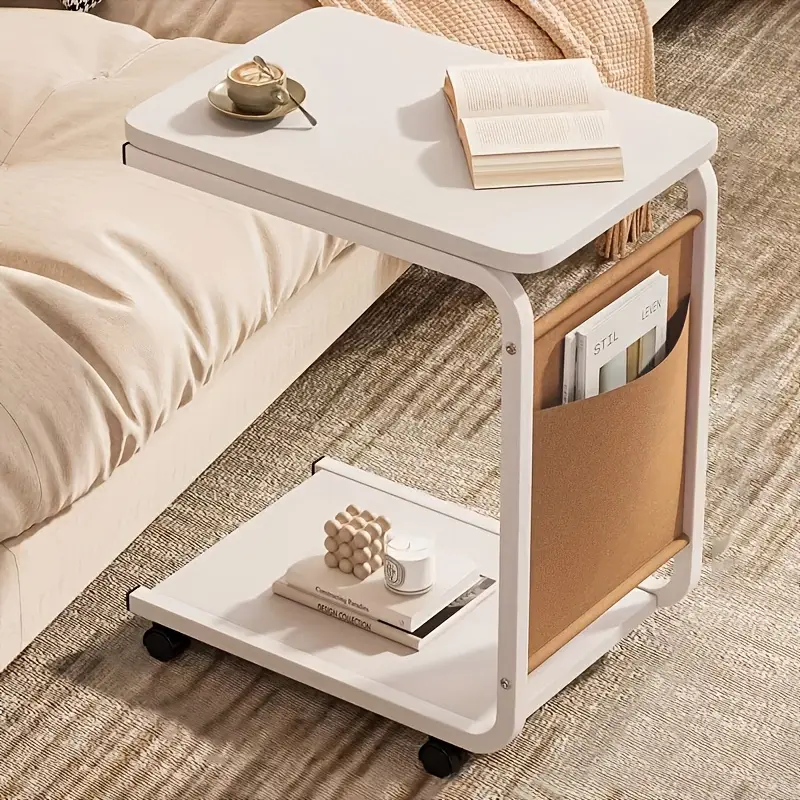 Sofa Side Table with Storage Pocket & Wheels - Image 3