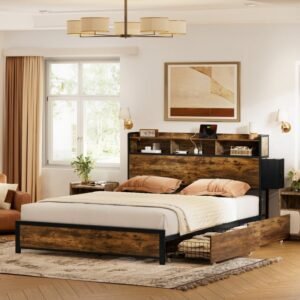 "Queen Bed Frame with Storage Drawers, Shelves & Headboard