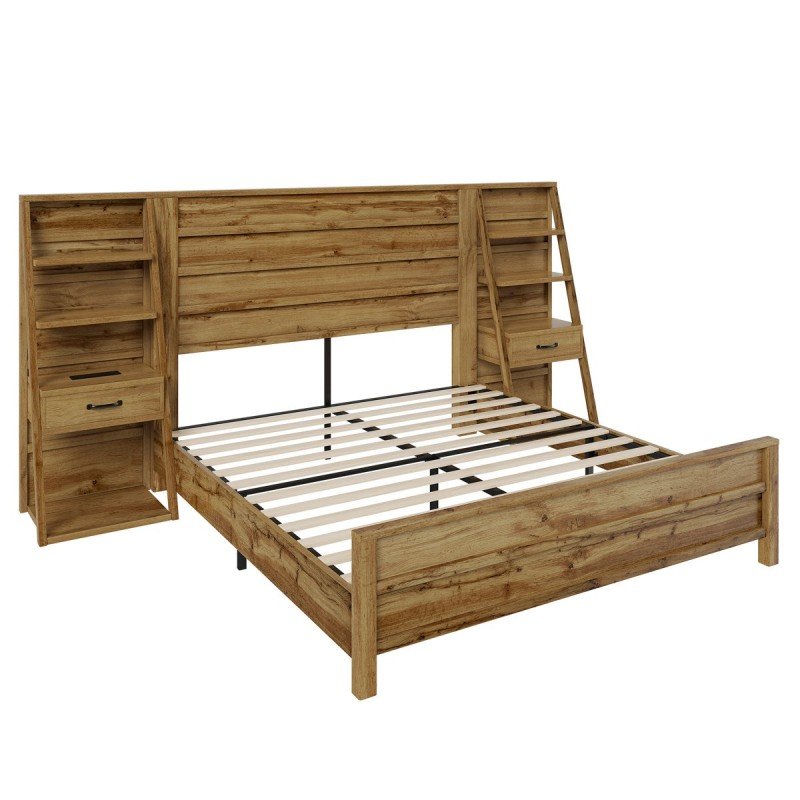 "Farmhouse Queen Size Bed Frame with Storage Drawers & Shelves" - Image 2