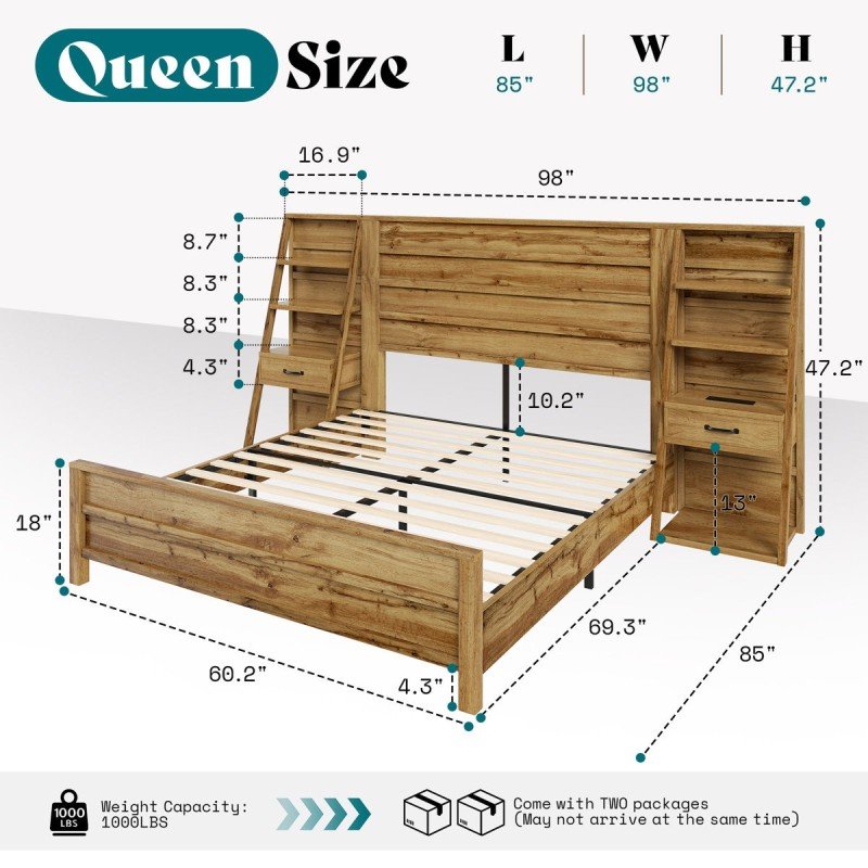 "Farmhouse Queen Size Bed Frame with Storage Drawers & Shelves" - Image 5
