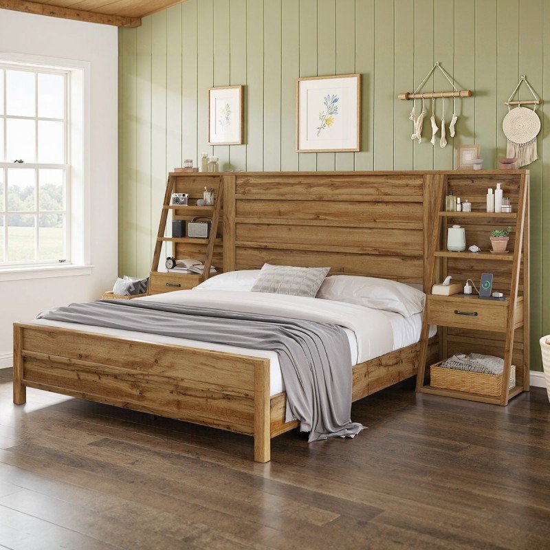 "Farmhouse Queen Size Bed Frame with Storage Drawers & Shelves" - Image 3