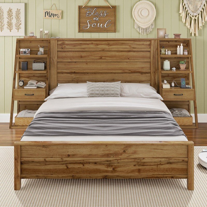 "Farmhouse Queen Size Bed Frame with Storage Drawers & Shelves" - Image 4